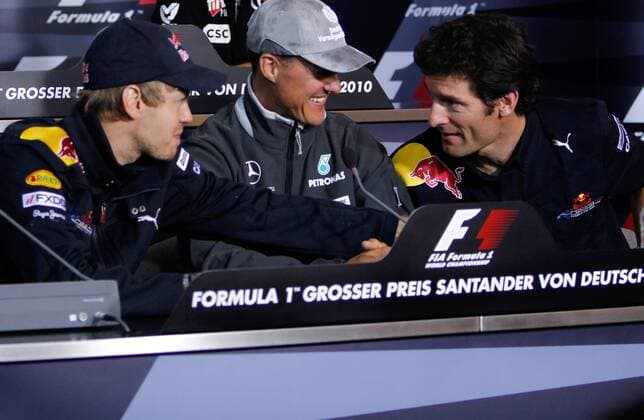 HOCKENHEIM,DEUTSCHLAND,22.JUL.10 - Formel 1 Grand Prix, GP von Deutschland, Vorberichte, Pressekonferenz. Bild zeigt v.li.: Sebastian Vettel (GER Red Bull Racing), Michael Schumacher (GER Mercedes GP) und Mark Webber (AUSTRALIEN Red Bull Racing). 