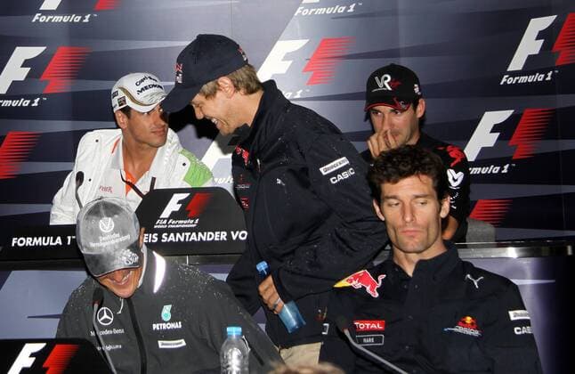 Sebastian Vettel (GER, Red Bull Racing, Mitte), Michael Schumacher (GER, Mercedes GP PETRONAS, vorn, li.), Mark Webber (Australien, Red Bull Racing, re.), Adrian Sutil (GER, Team Force India, o., li.), Timo Glock, GER Virgin Racing Cosworth, o., re.) - Formel 1, GP Deutschland in Hockenheim, 22.7.10