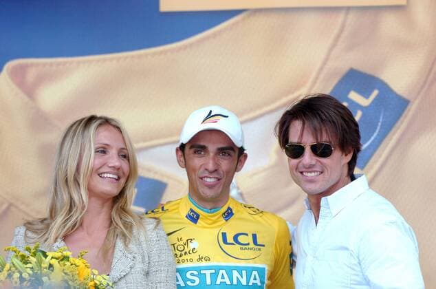 Tour de France, Etappe 18 Salies de Bearn - Bordeaux, Alberto Contador Astana im gelben Trikot mit den Schauspielern Cameron Diaz und Tom Cruise USA, Bordeaux  o0 people