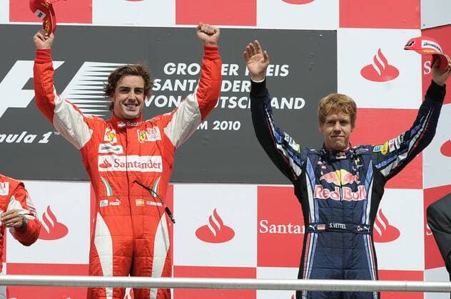 Jubel Sieger Fernando ALONSO (ESP, Ferrari, L) und Sebastian VETTEL (GER),Red Bull Racing,Siegerehrung. Formel 1 GP von Deutschland Hockenheimring