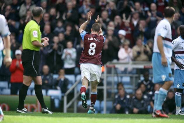 James Milner of Aston Villa applauds the supporters at Villa Park after making probably his last appearance for the club. Barclays Premier League Aston Villa v West Ham United 14th August, 2010 EDITORIAL USE ONLY. No use with unauthorised audio, video, data, fixture lists, club league logos or live services. Online in-match use limited to 120 images, no video emulation. No use in betting, games or single club league player publications.