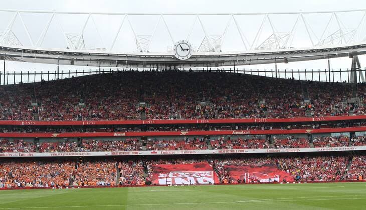 A general view of the Emirates Stadium with a Clock - Barclays Premier League - Arsenal FC London - 21st August, 2010 EDITORIAL USE ONLY. No use with unauthorised audio, video, data, fixture lists, club league logos or live services. Online in-match use limited to 120 images, no video emulation. No use in betting, games or single club league player publications.