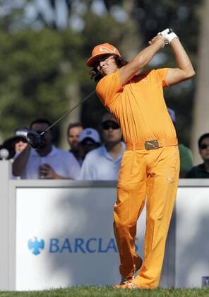 Rickie Fowler (USA) hits a tee shot on the 16th hole in the final round of The Barclays at Ridgewood Country Club in New Jersey on August 29, 2010.  NYP20100829126
