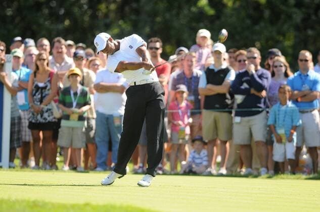 Sep. 04, 2010 - Norton, Massachusetts, United States of America - TIGER WOODS (USA) hits his tee shot off of the 14th tee with a full gallery behind supporting him during the second round of the Deutsche Bank Championship at the TPC Boston. - ZUMAq39