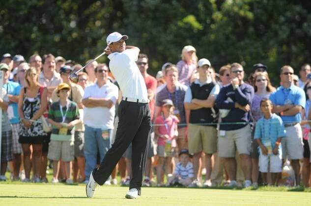 Sep. 04, 2010 - Norton, Massachusetts, United States of America - TIGER WOODS (USA) hits his tee shot off of the 14th tee with a full gallery behind supporting him during the second round of the Deutsche Bank Championship at the TPC Boston. - ZUMAq39