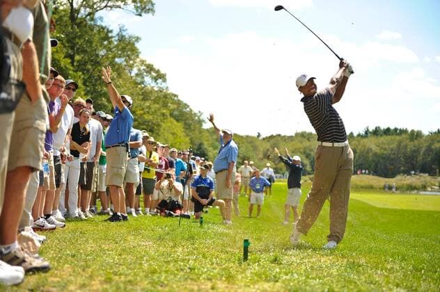 Sep. 05, 2010 - Norton, Massachusetts, United States of America - TIGER WOODS (USA) hits his second shot out of the gallery area during the third round of the Deutsche Bank Championship at TPC Boston. - ZUMAq39