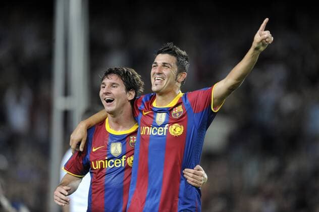 FC Barcelona vs. Panathinaikos Athen - David Villa (re.) und Lionel Messi (Barca)  Plargo o0 Jubel Freude
