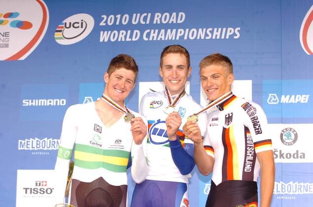 2010, WM in Geelong Australien, U23 Einzelzeitfahren, Taylor Phinney (USA, Gold, mitte), Luke Durbridge (Australien, Silber, li.), Marcel Kittel (GER, Bronze) --- o0 Bronzemedaille Goldmedaille Medaille Sieg Weltmeister Silbermedaille