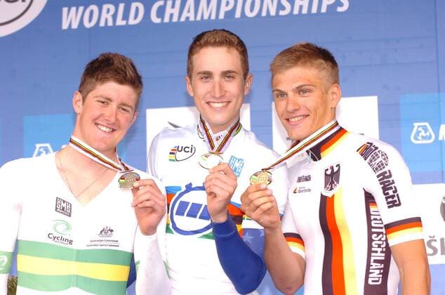 2010, WM in Geelong Australien, U23 Einzelzeitfahren, Taylor Phinney (USA, Gold, mitte), Luke Durbridge (Australien, Silber, li.), Marcel Kittel (GER, Bronze) --- o0 Bronzemedaille Goldmedaille Medaille Sieg Weltmeister Silbermedaille