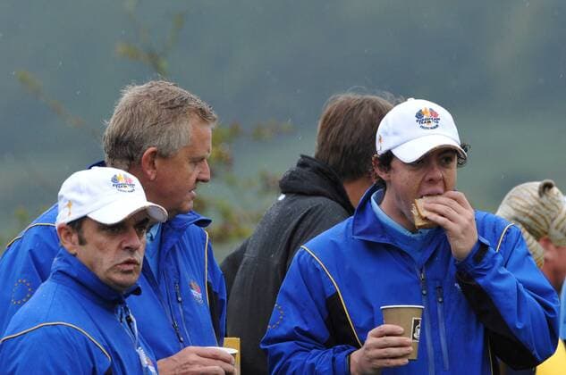 Rory McIlroy (Northern Ireland, R) with European Ryder Cup captain Colin Montgomerie (SCO, C) and Paul McGinley (IRE) vice captain Europe on the second practice day at the Ryder Cup 2010 course, Celtic Manor resort, Newport, xKevinxBatchelorx  ActionPlus4820985 Content restricted for UK based newspaper
