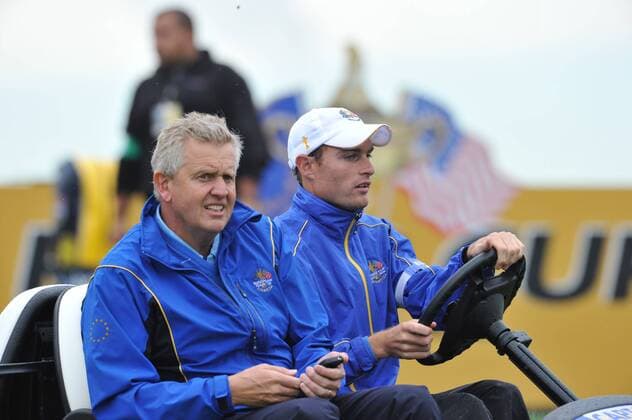 European Ryder Cup captain Colin Montgomerie (SCO, L) on the second practice day at the Ryder Cup 2010 course, Celtic Manor resort, Newport, xKevinxBatchelorx  ActionPlus4820999 Content restricted for UK based newspaper