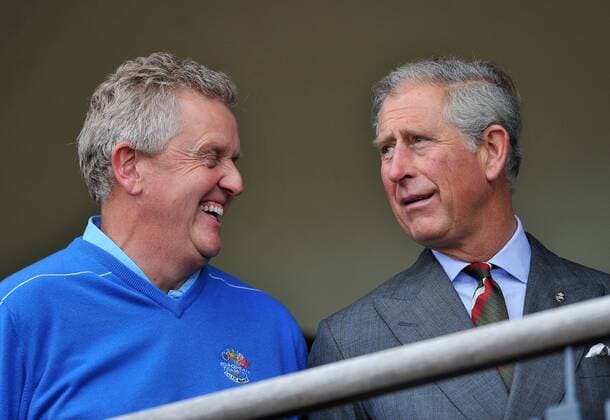 Golf - Ryder Cup 2010 - Practice Day 2 - Charles - The Prince of Wales (C) chats to Europe team captain Colin Montgomerie (SCO, L) at Celtic Manor, Newport 