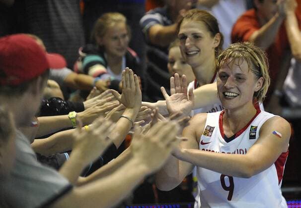 Czech players Hana Horakova, right, and Ilona Burgrova react after the F group Women s Basketball World Championship match between Czech Republic and Brazil in Ostrava, on Wednesday, September 29, 2010. (CTKxPhoto IgorxSefr)  CTKPhoto201009290952301 o0 Jubel Freude