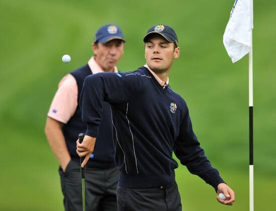Golf - Ryder Cup 2010 - Practice Day 3, Martin Kaymer (GER) of Europe juggles a ball with his elbow during practice at Celtic Manor, Newport 