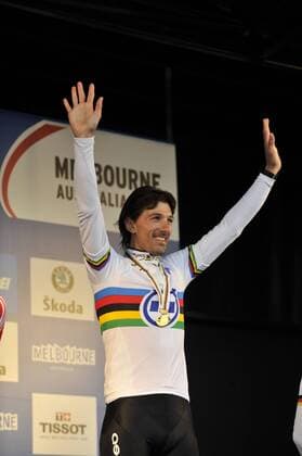 Road World Championships Time Trials, Elite Men held in Geelong Victoria - Fabian Cancellara from Switzerland on the Podium after being presented his gold medal. xPeterxBlakemanx  ActionPlus11098963 Content restricted for UK based newspaper