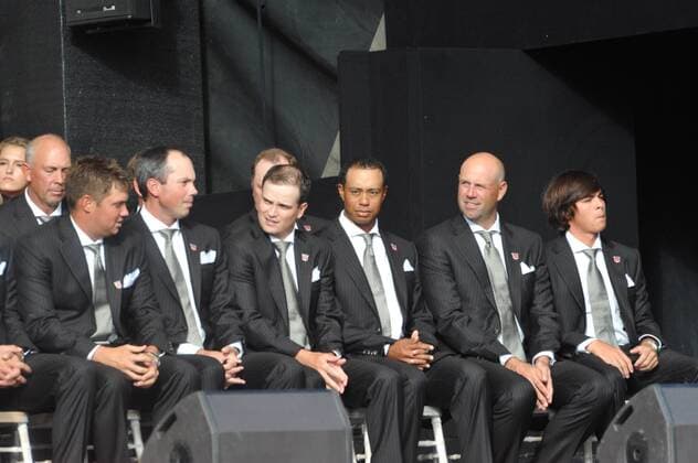 30.09.2010 USA Team at the Ryder Cup 2010 at the opening ceremony L-R Vice Captain Tom Lehman (2nd row), Jeff Overton, Matt Kuchar, Zach Johnson, Tiger Woods, Stewart Cink, Rickie Fowler at The Celtic Manor Resort in Newport, Gwent, Wales xKevinxBatchelor IconxSMIx  ActionPlus11099054 Content restricted for UK based newspaper