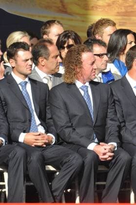 30.09.2010 Martin Kaymer (GER) and Miguel Angel Jimenez (ESP) of Europe during the opening ceremony Ryder Cup 2010 course, Celtic Manor resort, Newport, on the third practice day of the Ryder Cup 2010 xKevinxBatchelorx  ActionPlus11099055 Content restricted for UK based newspaper