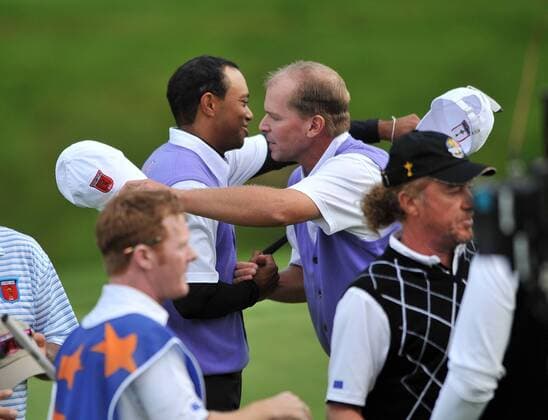 Golf - Ryder Cup 2010 - Day 2 Foursomes Tiger Woods (L) of the USA Ryder Cup Team mate Steve Stricker as they win their match at Celtic Manor, Newport 