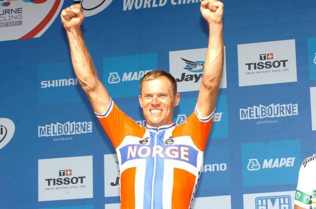 2010, World Championships elite, Winner Thor Hushovd NOR , Geelong  o0 Weltmeister Gold Medaille Goldmedaille Jubel Freude