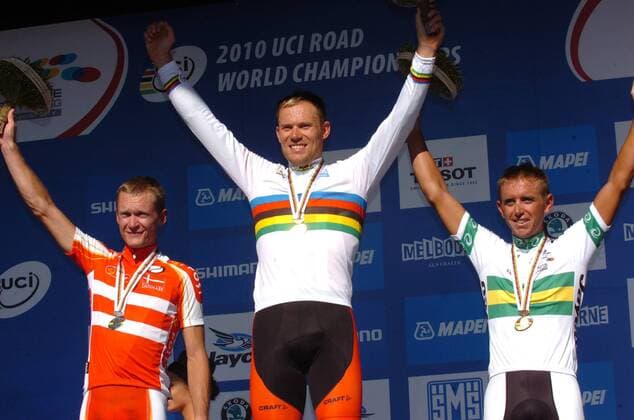 2010, World Championships elite, Weltmeister Thor Hushovd c.NOR mit dem 2. Matti Breschel li. Dänemark und dem 3. Allan Davis Australien , Geelong  o0 Sieg Jubel Freude