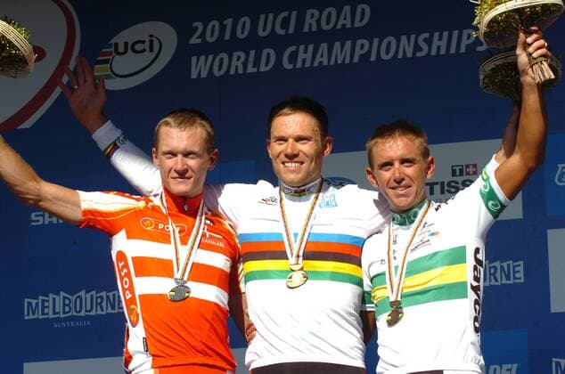 2010, World Championships elite, Weltmeister Thor Hushovd c.NOR mit dem 2. Matti Breschel li. Dänemark und dem 3. Allan Davis Australien , Geelong  o0 Sieg Jubel Freude