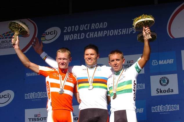 2010, World Championships elite, Weltmeister Thor Hushovd c.NOR mit dem 2. Matti Breschel li. Dänemark und dem 3. Allan Davis Australien , Geelong  o0 Sieg Jubel Freude