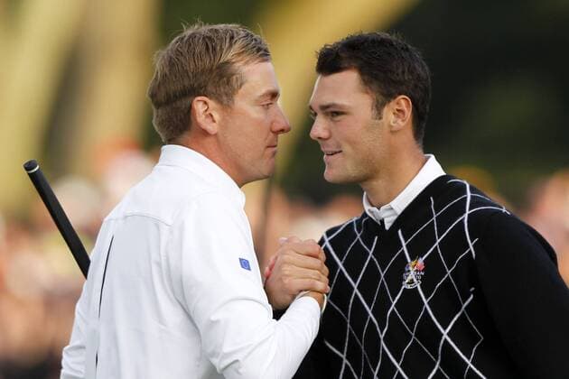 Golf - Ryder Cup 2010 - Day Three Ian Poulter (ENG) (L) and Martin Kaymer (GER, Europe) celebrate winning their match at Celtic Manor, Newport  o0 Jubel, Freude