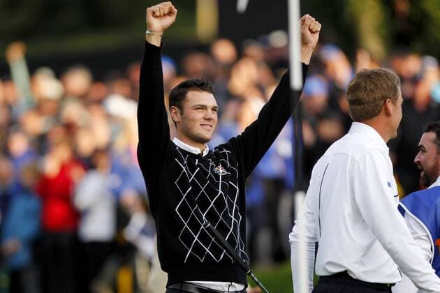 Golf - Ryder Cup 2010 - Day Three Martin Kaymer (GER Europe) celebrates after winning his match with Ian Poulter at Celtic Manor, Newport  o0 Jubel, Freude