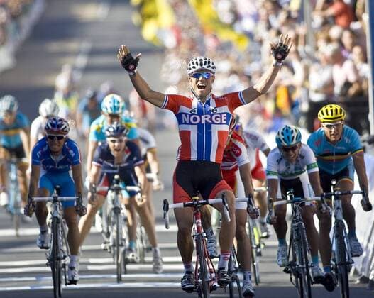 Thor Hushovd of Norway celebrates his victory in the Elite Men s Road Race at the 2010 UCI World Championships of cycling, held in Geelong, Icon0310101 EDITORIAL USE ONLY