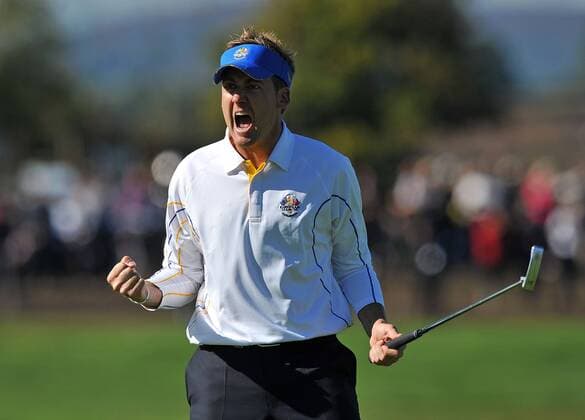 Golf - Ryder Cup 2010 - Day 4, Singles Ian Poulter (England) of Europe celebrates a birdie on the 13th to win the hole at Celtic Manor, Newport 