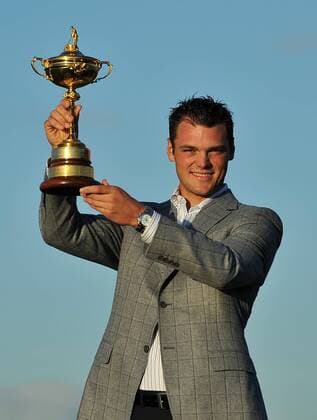 Golf - Ryder Cup 2010 - Day 4, Singles Martin Kaymer (GER) of Europe celebrates their win with the Ryder Cup trophy at Celtic Manor, Newport  o0 Freude Jubel Siegerehrung Objekte