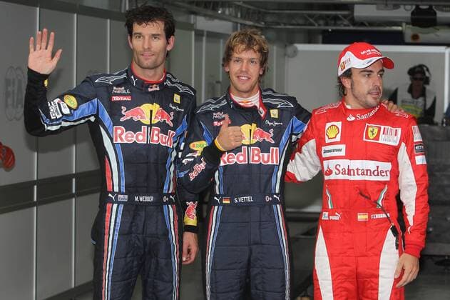 Motorsports Formula 1: World Championship 2010, GP of Korea, Sebastian Vettel (GER, Red Bull Racing, Mitte) sichert sich die Pole Position vor Mark Webber (AUS, Red Bull Racing, li.) und Fernando Alonso (ESP, Scuderia Ferrari Marlboro) o0 Qualifying Aufmacher