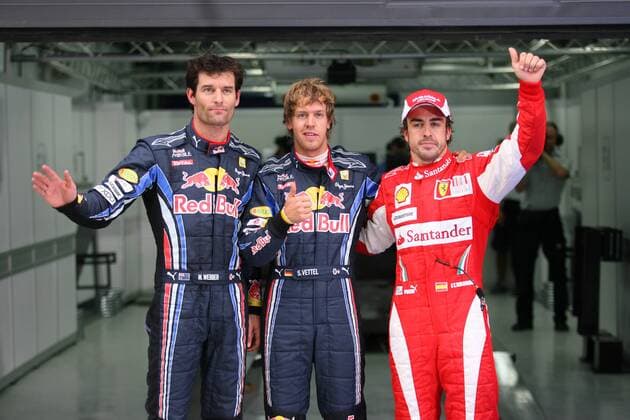L-R: Qualifying, Mark Webber (AUS), Red Bull Racing, RB6 2nd position, Sebastian Vettel (GER), Red Bull Racing, RB6 pole position and Fernando Alonso (ESP), Scuderia Ferrari, F10 3rd position Korean Grand Prix 