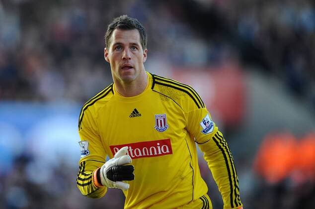 Football - Barclays Premiership - Stoke City (red) vs. Manchester United ManU (black): Thomas Sorensen of Stoke City in action at the Britannia Stadium, Stoke 