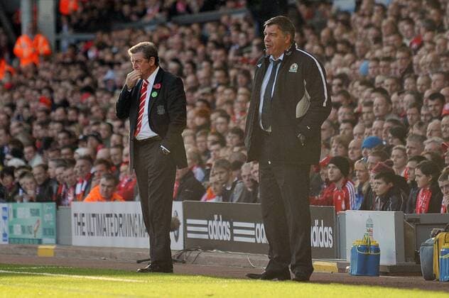 Football - Premier League - FC Liverpool (red) vs. Blackburn Rovers: Sam Allardyce (Blackburn Rovers coach, R) and Roy Hodgson (Liverpool coach) at Anfield. 