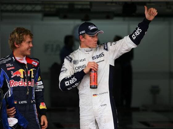 Formel 1, GP Brasilien in Interlagos: Nico Huelkenberg (Williams-Cosworth, re.) vor Sebastian Vettel (Red Bull Racing) auf der Pole Position