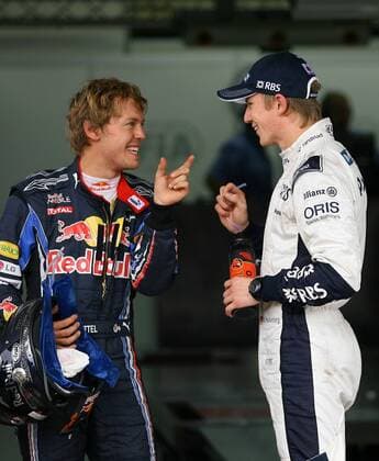 Formel 1, GP Brasilien in Interlagos: Nico Huelkenberg (Williams-Cosworth, re.) vor Sebastian Vettel (Red Bull Racing) auf der Pole Position