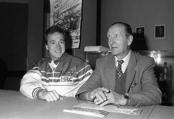 Freddie Spencer (USA Honda, li.) mit Rennsportlegende Wilhelm Herz o0 Pressekonferenz, Pressetermin