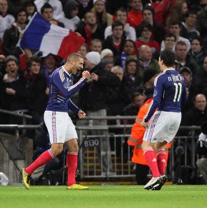 Karim Benzema (L) celebrates scoring his sides first goal with Samir Nasri International Friendly England (white) v France (blue) 17th November, 2010 EDITORIAL USE ONLY. No use with unauthorised audio, video, data, fixture lists, club league logos or live services. Online in-match use limited to 120 images, no video emulation. No use in betting, games or single club league player publications.