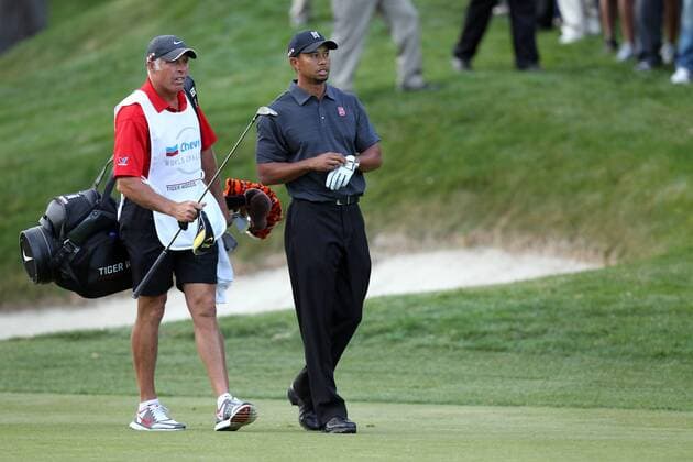 December 03, 2010: Caddie Steve Williams(l) talks with Tiger Woods USA on the sixteenth hole during the second round of the Chevron World Challenge at Sherwood Country Club in Thousand Oaks, CA. Icon101203048 EDITORIAL USE ONLY