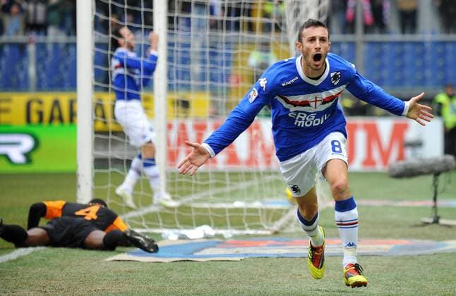 Sampdoria player Stefano Guberti celebrates his 2-1 leading goal --- Sampdoria Genova (blue) vs AS Roma (black orange) giorgioxperottino