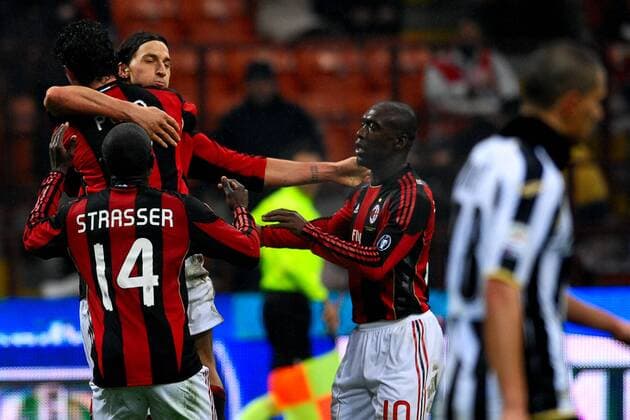 Torjubel Milan, v.li.: Rodney Strasser Alexandre PATO, Zlatan IBRAHIMOVIC, Clarence Seedorf - 09 01 2011 Stadio Giuseppe Meazza San Siro - Serie A 2010 2011 AC Milan (red) Vs Udinese Calcio (white) Andreaxstaccioli