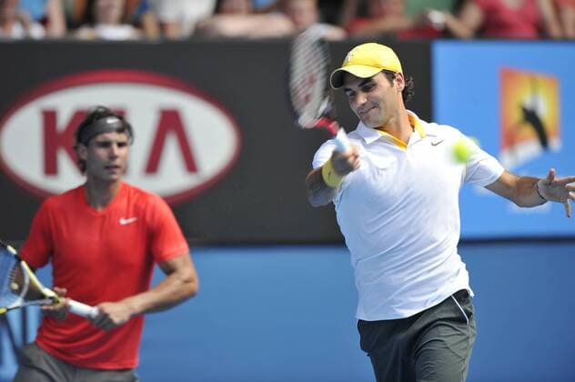 Rally for Relief charity match exhibition: Roger Federer (SUI, R) and Rafael Nadal (ESP) . 