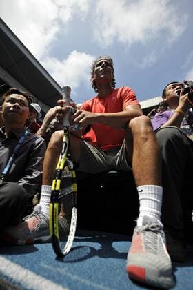 Rally for Relief charity match exhibition: Rafael Nadal (ESP) rests in the photographers position. 