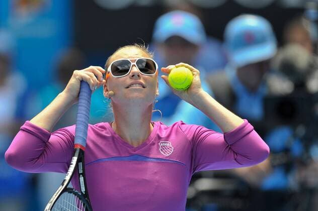 Jan. 16, 2011 - Melbourne, Victoria, Australia - Vera Zvonareva RUS hams it up at the Rally For Relief charity exhibition match by top players of the 2011 Australian Open at Melbourne Park. - ZUMAx35 o0 Sonnenbrille, sunglasses cool lässig kurios