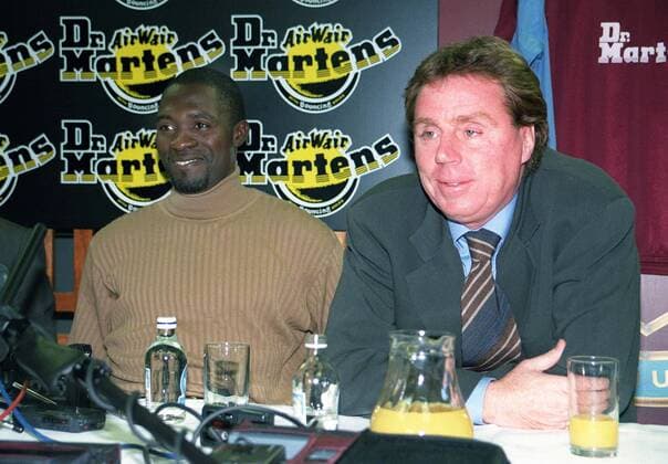 West Ham United new signing Marc Vivien Foe (L) with coach Harry Redknapp at his Press Conference at Upton Park. 27 1 99. 