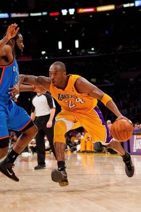 17 January 2011: Guard Kobe Bryant of the Los Angeles Lakers drives to the basket while being guarded by James Harden of the Oklahoma Thunder during the second half of the Lakers 101-94 victory over the Thunder at the STAPLES Center in Los Angeles, CA. Icon18111011711229 EDITORIAL USE ONLY