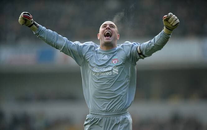 Premier League - Wolverhampton Wanderers vs. Liverpool FC - Liverpool s Pepe Reina celebrates their second goal early in the second half at Molineux Stadium, Wolverhampton 