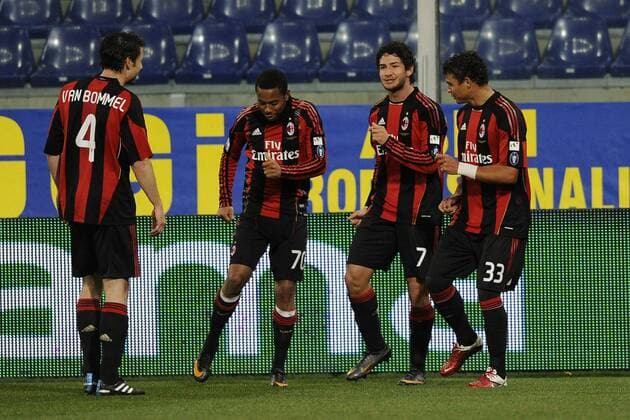 Sampdoria Genua vs AC Milan: Jubel Milan v.li. Mark van Bommel, Robinho, Alexandre Pato, Thiago Silva  o0 Jubel Freude