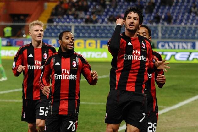 Sampdoria Genua vs AC Milan: Jubel Milan v.re.: Alexandre Pato, Robinho, Alexander Merkel  o0 Jubel Freude